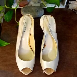 Guess Patent Leather Classic Neutral Feminine Nude Platform Slingback Heels
